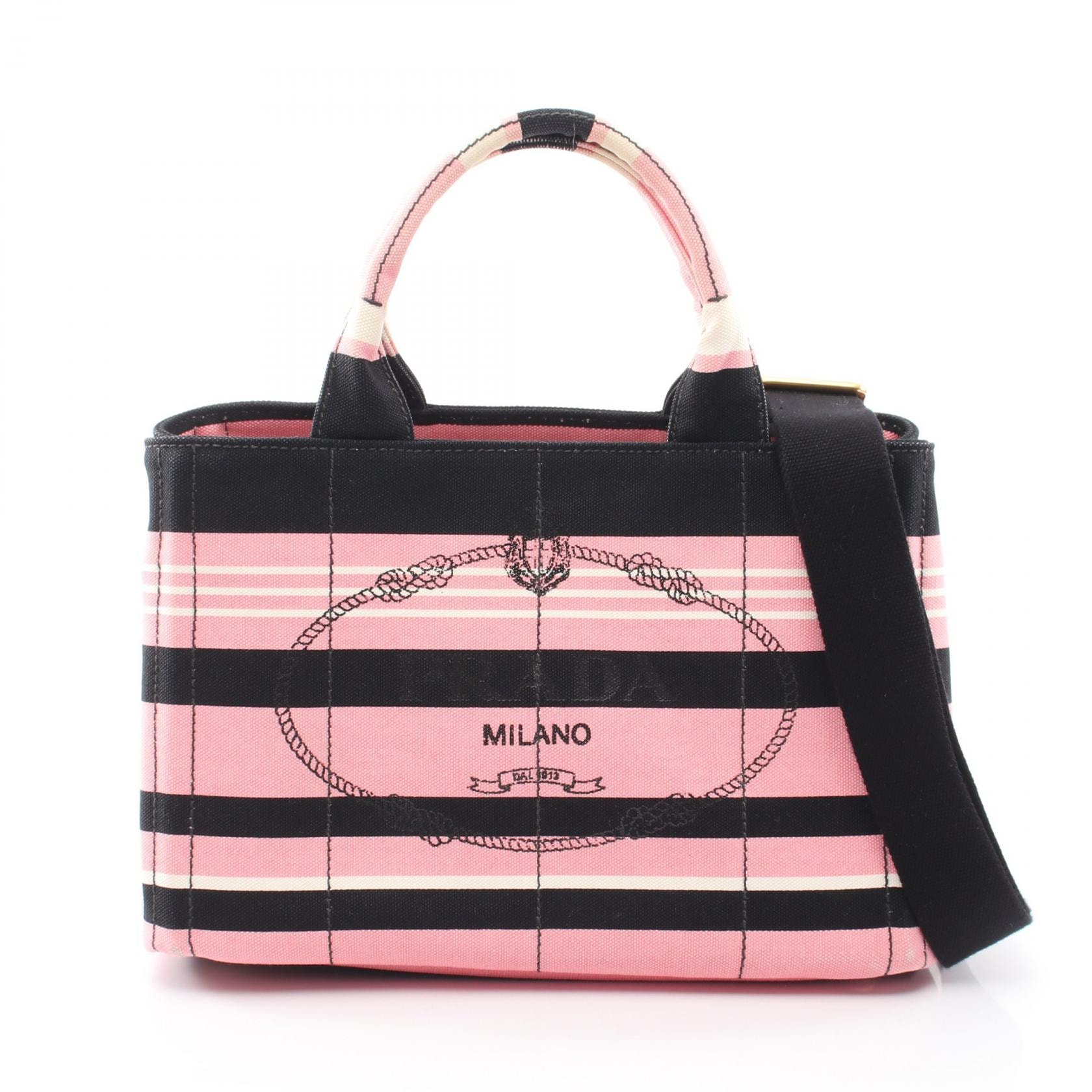 プラダ PRADA CANAPA RIGHE カナパ 2WAY トートバッグ バッグ キャンバス レディース ピンク系 / ブラック系 【中古】
