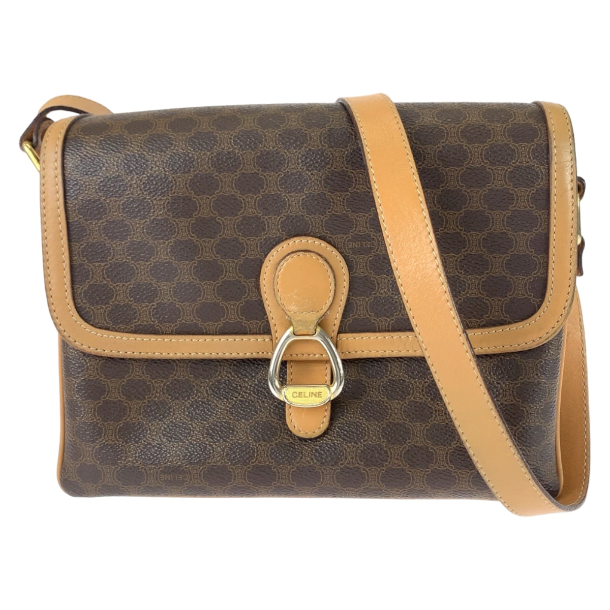 美品 CELINE セリーヌ ヴィンテージ マカダム柄 ブラウン ゴールド金具 PVC レザー/ 斜め掛け ショルダーバッグ ポシェット 504741 【中古】