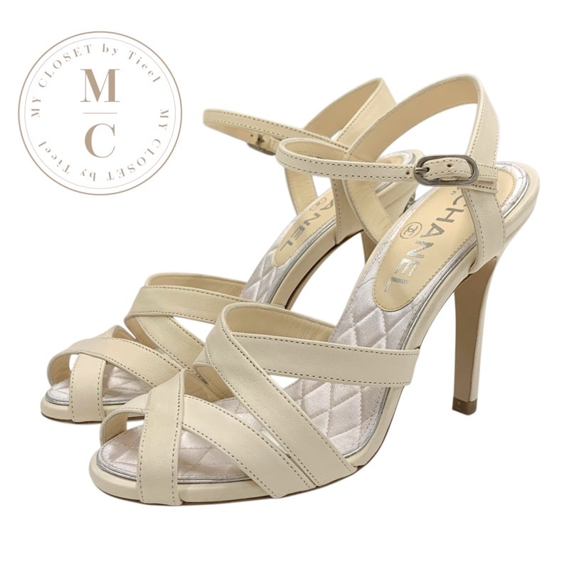 シャネル CHANEL サンダル 靴 シューズ レザー アイボリー ココマーク ラインストーン