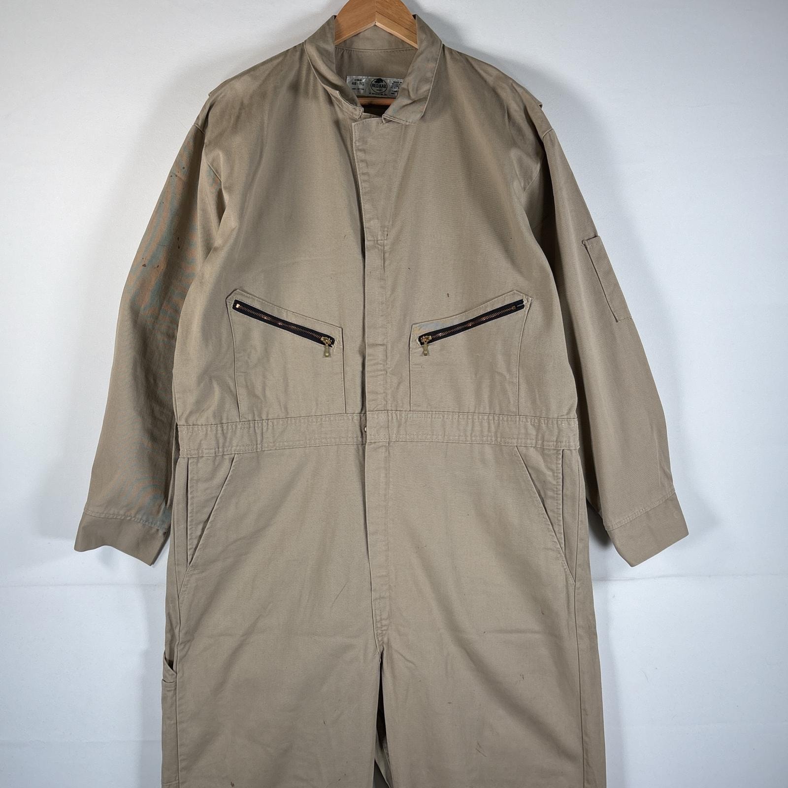 古着 レッドキャップ RED KAP 長袖つなぎ オールインワン ワーク 作業着 大きいサイズ サイドポケット ダブルファスナー 48 RG  ベージュ系 無地 メンズ