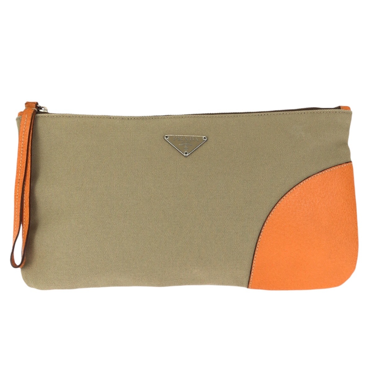 美品 PRADA プラダ 三角ロゴプレート ベージュ オレンジ シルバー金具 キャンバス レザー/ クラッチバッグ セカンドバッグ 601703 【中古】