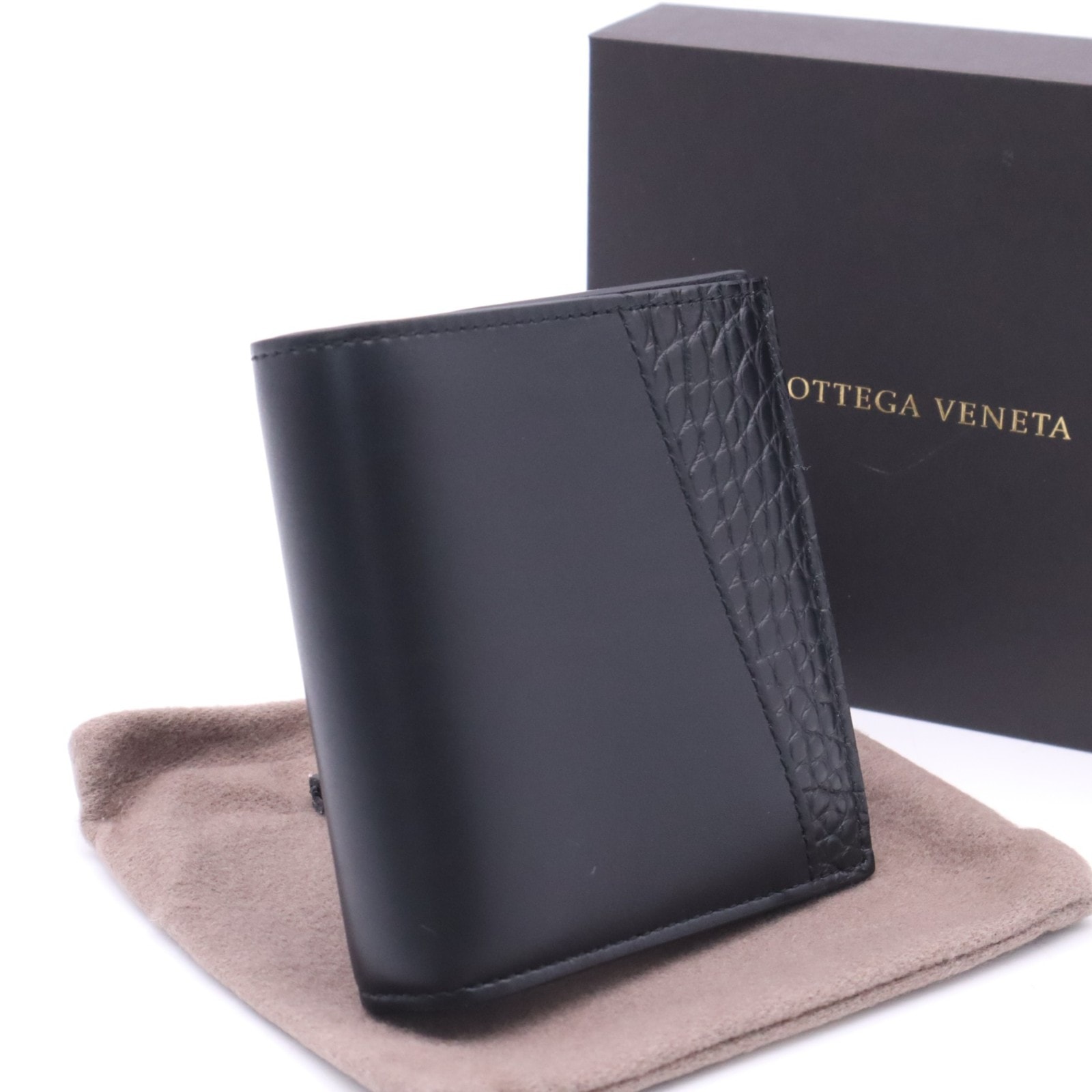 極美品 BOTTEGAVENETA ボッテガヴェネタ エキゾチック レザー  コンパクトウォレット 583611 二つ折り財布 ブラック クロコダイル カーフレザー メンズ