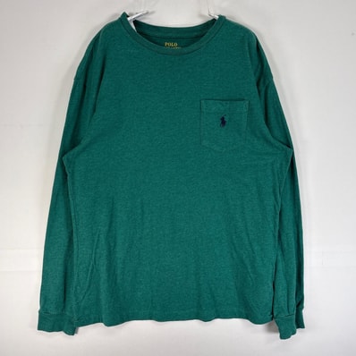 古着 ポロ・ラルフローレン POLO RALPH LAUREN 長袖Tシャツ ロゴ 刺繍 クルーネック 胸ポケ S グリーン系 無地 メンズ