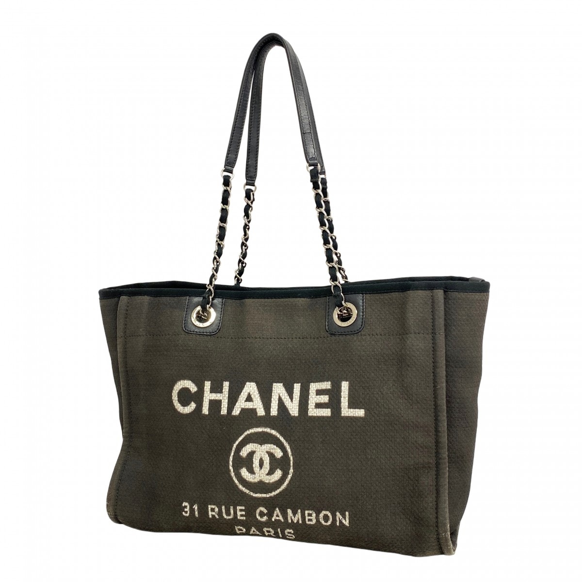 【6cd5794】シャネル チェーントート ドーヴィル キャンバス ブラック グレー シルバー金具【中古】レディース