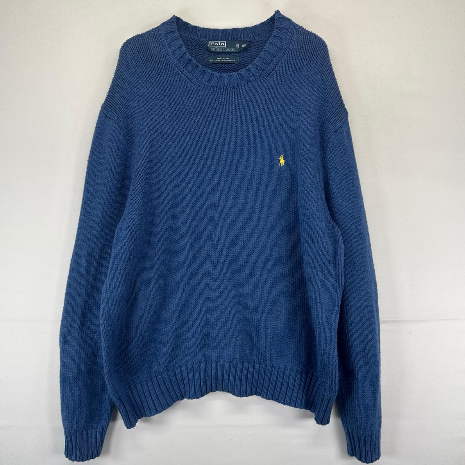 古着 ポロバイラルフローレン Polo by Ralph Lauren ニット ワンポイントロゴ刺繍 クルーネック プルオーバー 2XL  ブルー系 メンズ