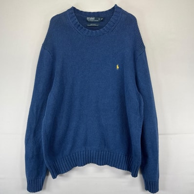 古着 ポロバイラルフローレン Polo by Ralph Lauren ニット ワンポイントロゴ刺繍 クルーネック プルオーバー 2XL ブルー系 メンズ