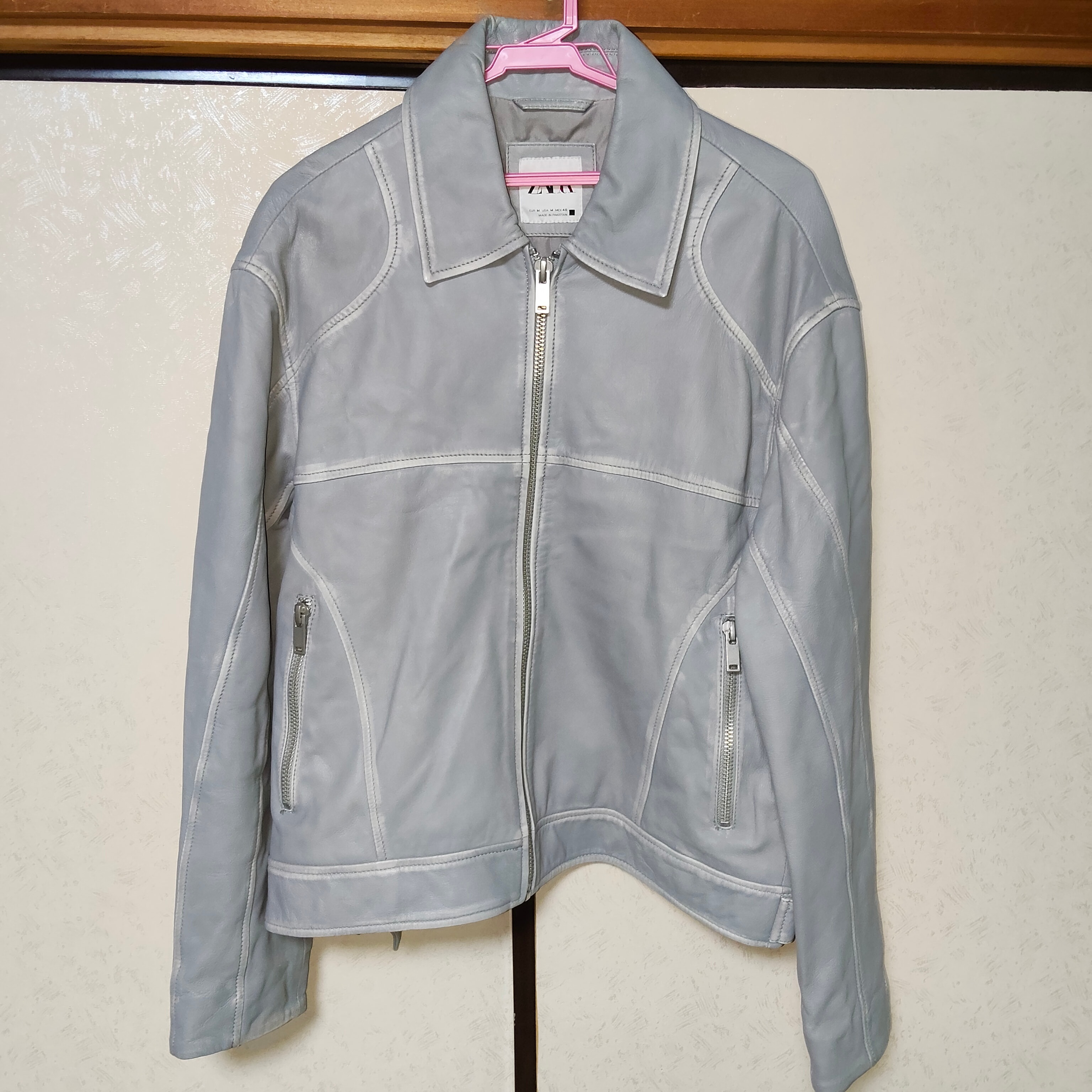 ZARA ザラ 本革 羊革 レザージャケット 革ジャン ライダース シングル ヴィンテージ加工 エイジング加工 灰色 グレー メンズ Mサイズ
