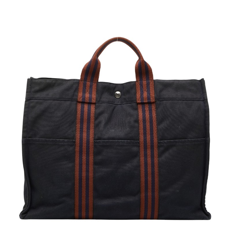 エルメス フールトゥ トートMM ハンドバッグ トートバッグ ネイビー ブラウン キャンバス レディース HERMES 【中古】