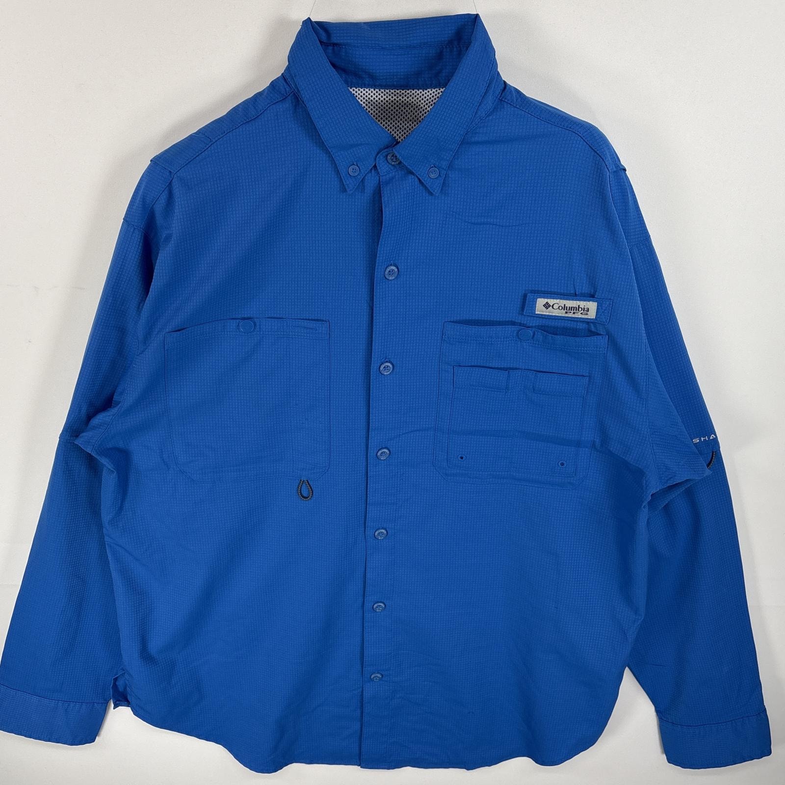 古着 コロンビア Columbia 長袖シャツ ボタンダウンシャツ ワンポイント ロゴ PFG 不明  ブルー 無地 メンズ