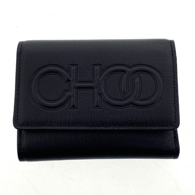 JIMMY CHOO ジミーチュウ LONI ロニ ロゴ コンパクトウォレット 三つ折り財布 レザー ブラック レディース【中古】