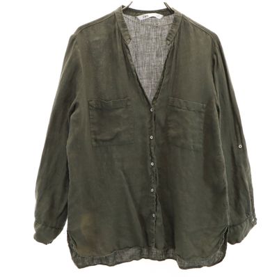 ZARA ザラ 7分袖 リネンシャツ M グリーン系 ロールアップ