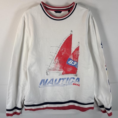 古着 ノーティカ NAUTICA スウェットシャツ トレーナー クルーネック セーリング 袖ロゴ デザインプリント L ホワイト メンズ
