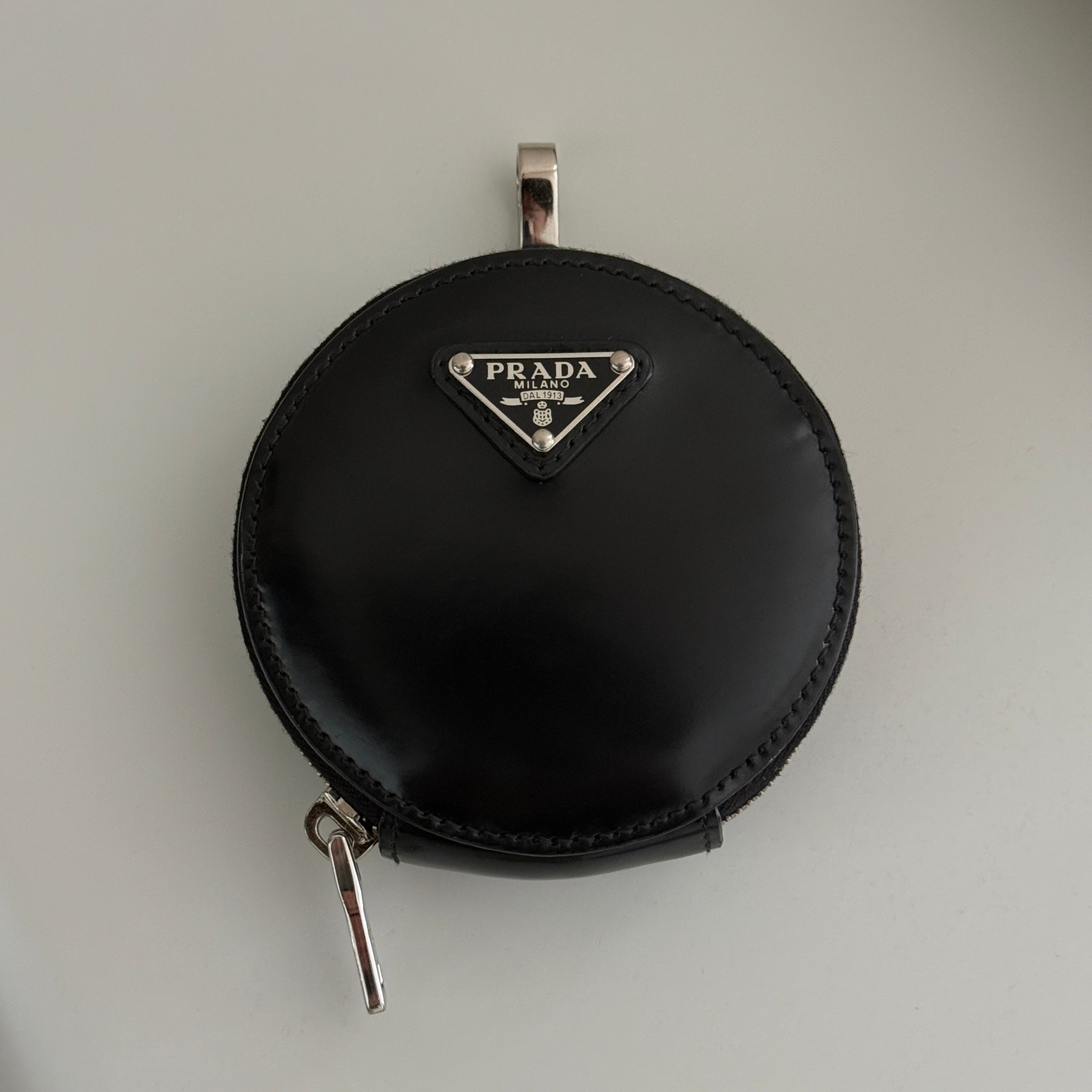 PRADA Brushed Leather Round Mini Pouch "Black"