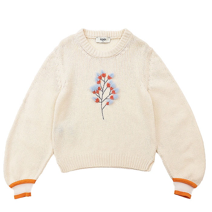 【美品】 フェンディ ローゲージ セーター カシミヤ100% リーフ エンブロイダリー 刺繍 ミンク ファー ニット レディース アイボリー 40 FENDI