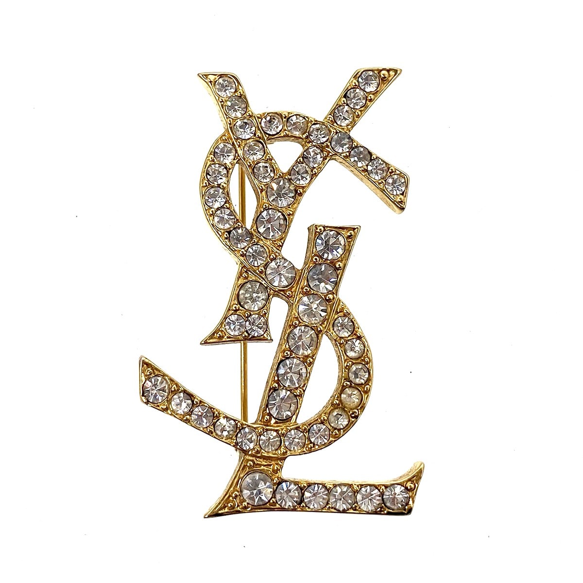 YVES SAINT LAURENT イヴ・サンローラン YSLロゴ ラインストーン ブローチ ゴールド  レディース【中古】