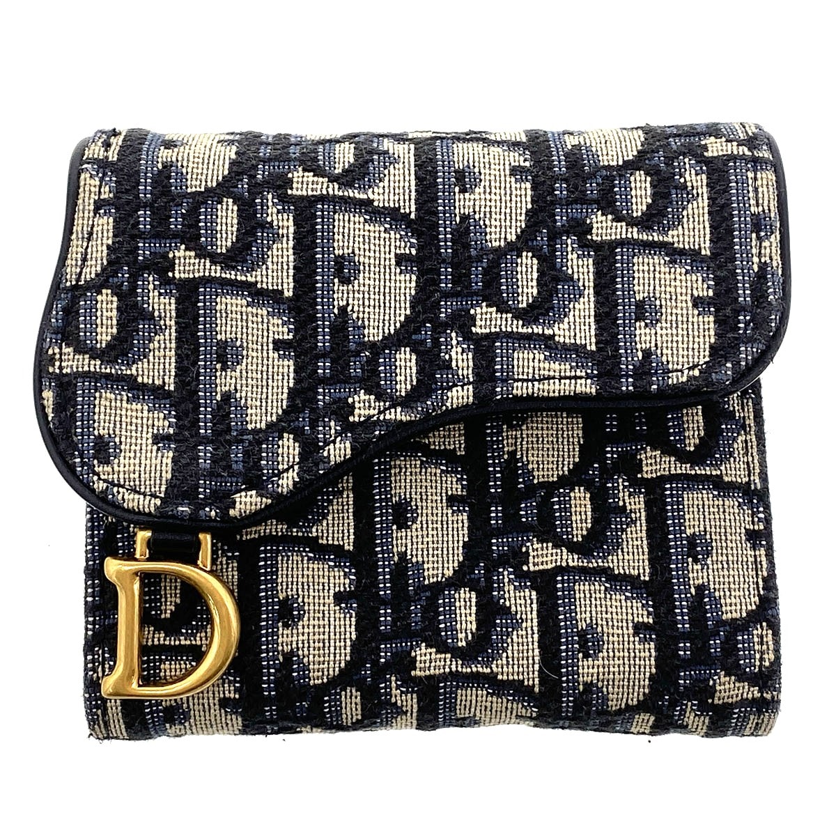 Christian Dior クリスチャンディオール Saddle Lotus ウォレット 三つ折り財布 S5652CTZQ キャンバス ネイビー ベージュ レディース【中古】