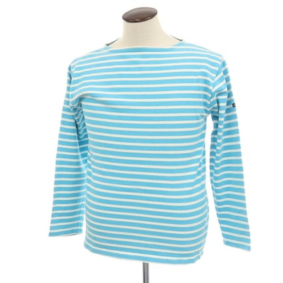 【中古】セントジェームス SAINT JAMES コットン ボーダー ボートネック バスクシャツ 長袖Tシャツ ライトブルー【サイズ5】【メンズ】