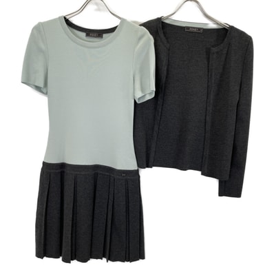 フォクシー 29007 グレー×ミントグリーン ウールニット ワンピース アンサンブル 38