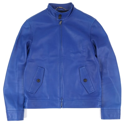 良品 ロエベ オールレザー シングルライダースジャケット ブルー メンズ 46