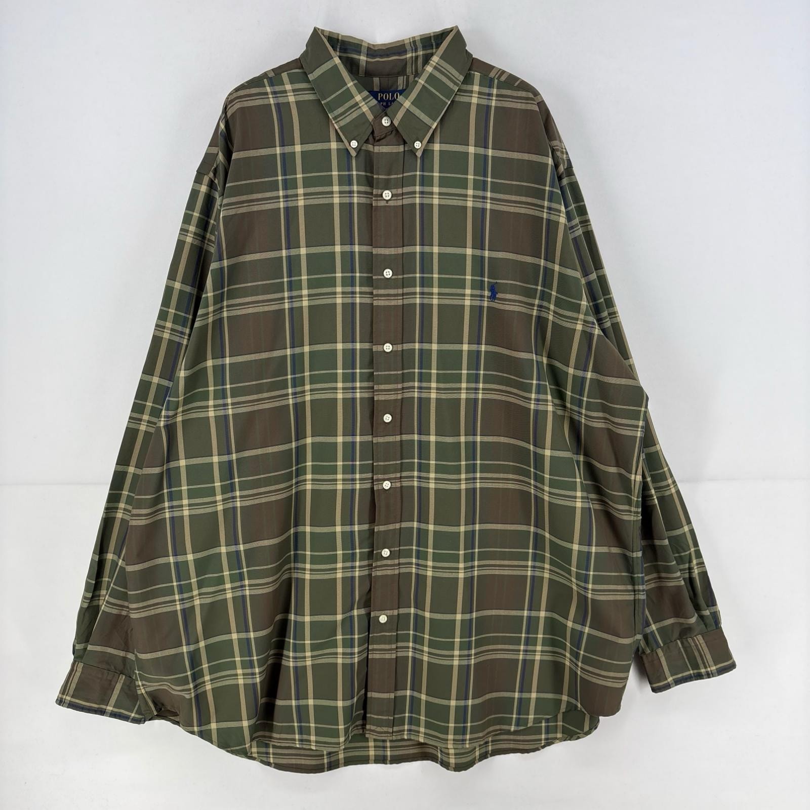 古着 ポロ・ラルフローレン POLO RALPH LAUREN 長袖シャツ ワンポイント ロゴ ボタンダウン ナイロン 2XL グリーン系 チェック メンズ