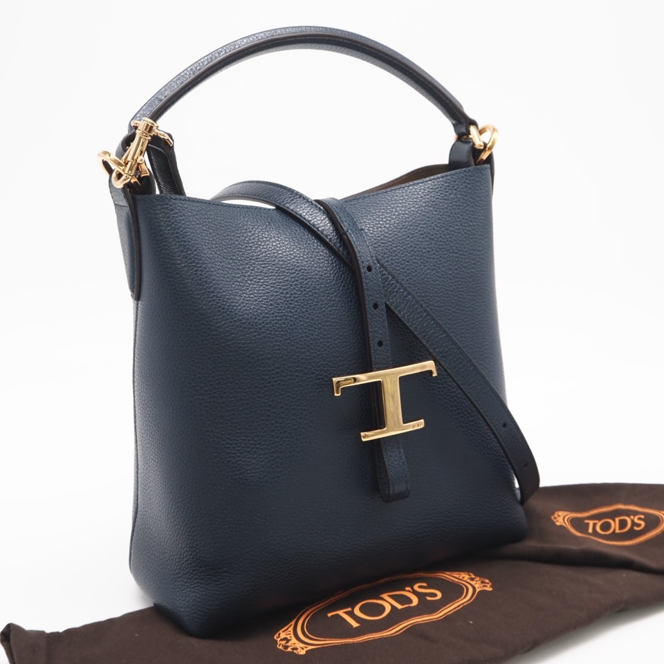 極美品 TOD’S トッズ Tタイムレス レザー バケット バッグ ミニ XBWTSEK0100 2wayハンドバッグ ブルー カーフレザー レディース