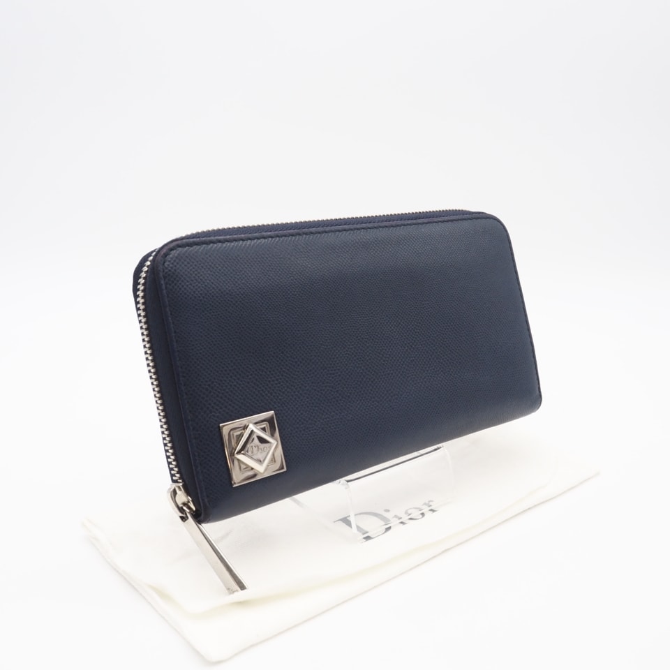 Dior ディオール レザー DIORロゴプレート ラウンドジップウォレット - 長財布 ネイビーブルー レザー メンズ