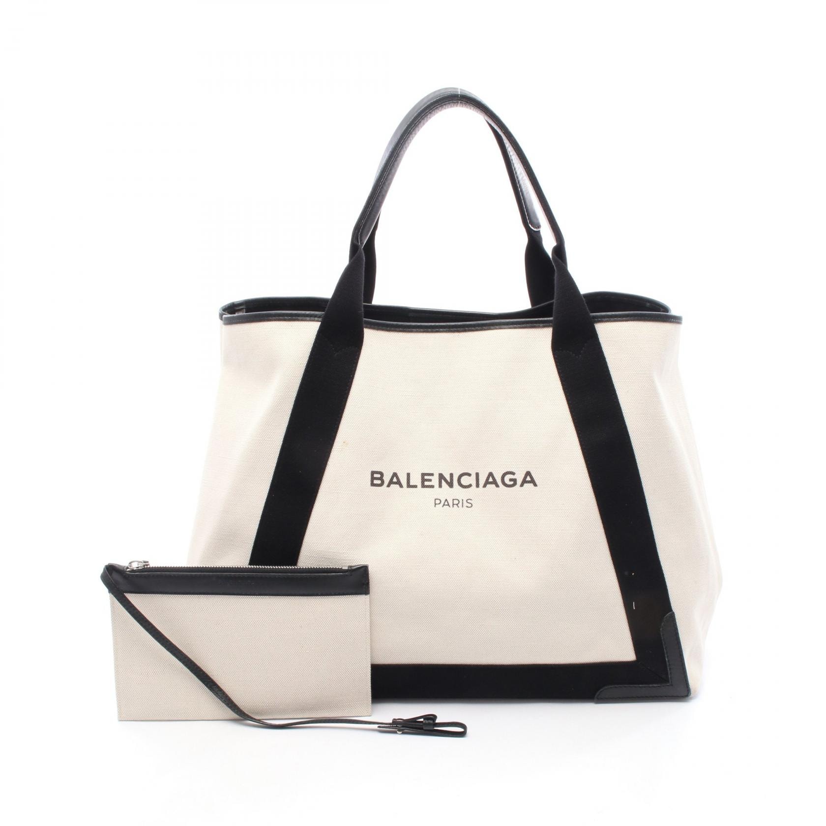 バレンシアガ BALENCIAGA NAVY CABAS ネイビーカバ M トートバッグ バッグ キャンバス レザー レディース ホワイト系 / ブラック系 339936 【中古】