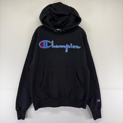 古着 チャンピオン Champion パーカー スウェット 刺繍 リバースウィーブ プルオーバー ロゴ S ブラック メンズ