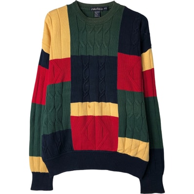 古着 90年代 ノーティカ NAUTICA 総柄 クレイジーパターン ケーブル編み コットンニットセーター メンズM相当 ヴィンテージ/eaa399177