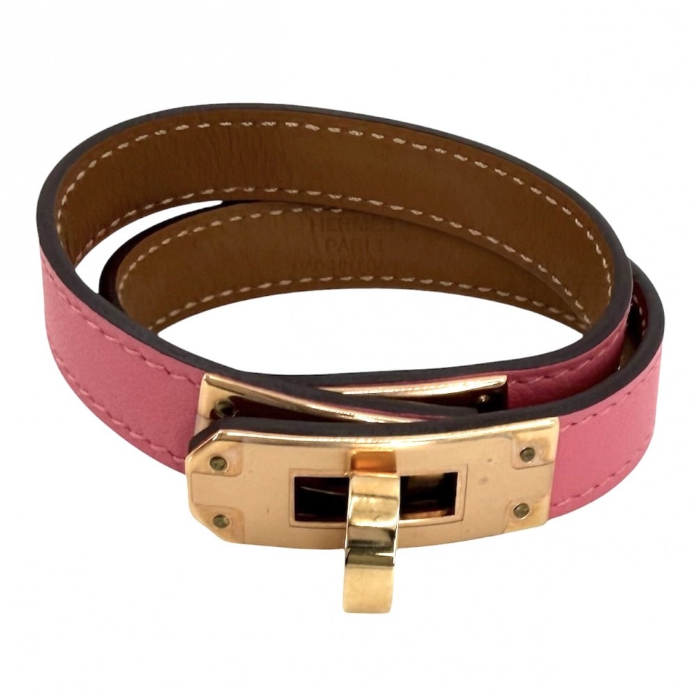 HERMES エルメス ブレスレット ミニケリー ドゥブルトゥール バングル アクセサリー レザー U刻印 ピンク ゴールド金具 レディース 約18.4g 2022年【中古品】