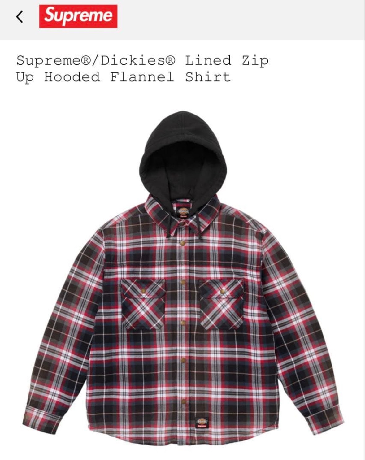 Supreme x Dickies Lined Zip Up Hooded Flannel Shirt "Black"