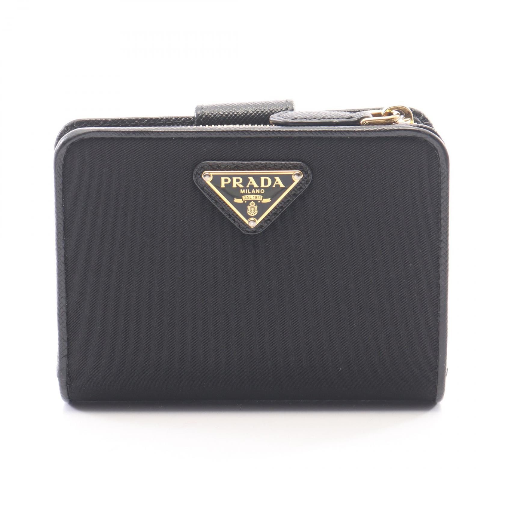 プラダ PRADA トライアングルロゴ 二つ折り財布 財布 ナイロン サフィアーノレザー レディース ブラック系 1ML018 【中古】