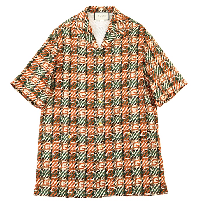 【未使用】GUCCI グッチ 半袖シャツ サイズ 48 メンズ GG ロゴ 総柄 オープンカラー ヴィンテージライク トップス マルチカラー オレンジ グリーン イタリア製