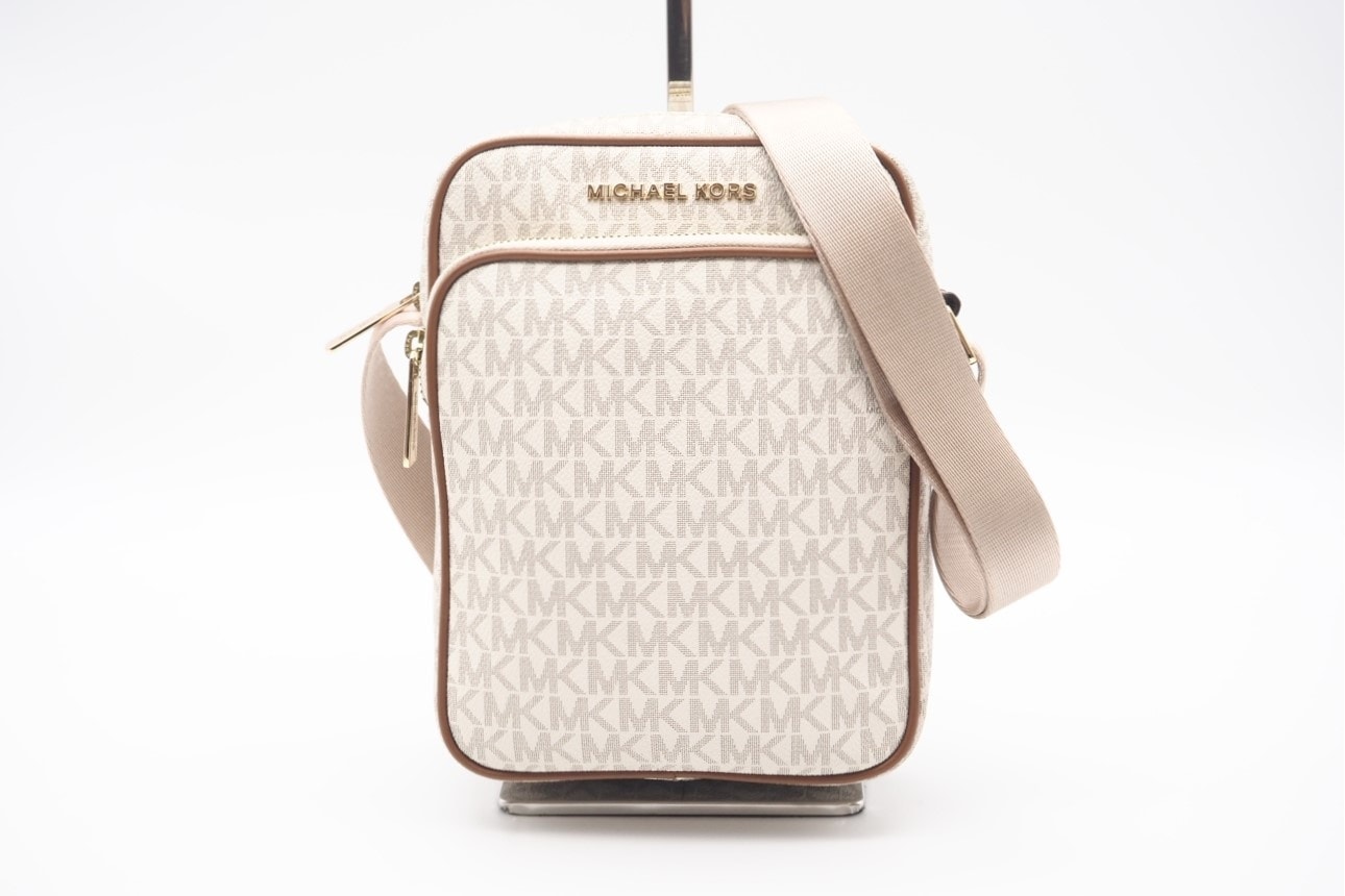 美品 Michael Kors マイケルコース ジェット セット トラベル シグネチャー ミディアム フライト バッグ 35H9GTVC1B ショルダーバッグ ベージュ ブラウン コーティングキャンバス レディース