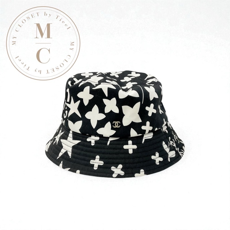 シャネル CHANEL 帽子 コットン ブラック ホワイト バケットハット ココマーク ロゴ