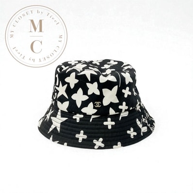 シャネル CHANEL 帽子 コットン ブラック ホワイト バケットハット ココマーク ロゴ