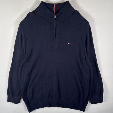古着 トミーヒルフィガー TOMMY HILFIGER セーター ハーフジップ コットンニット ワンポイントロゴ刺繍 トレーナー 大きいサイズ 14042 ネイビー メンズ