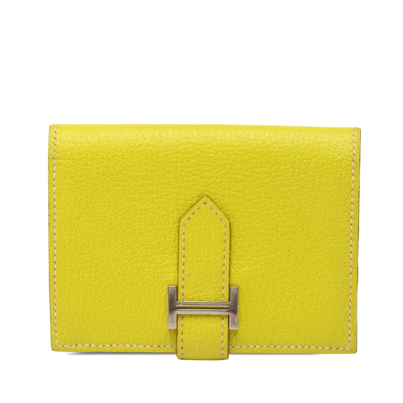エルメス ベアン 二つ折り カードケース □O刻印 2011 イエロー シルバー金具 シェーブル レディース HERMES 【中古】
