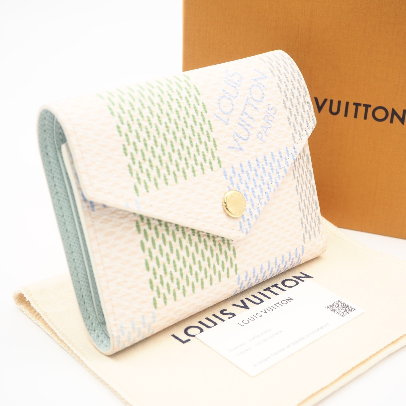 美品 LOUIS VUITTON ルイ・ヴィトン ダミエ リシャス ポルトフォイユ ヴィクトリーヌ ピスタチオグリーン N40750 三つ折り財布 グリーン ブルー ベージュ コーティングキャンバス レザー レディース