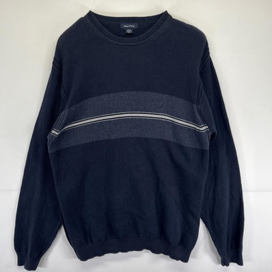 古着 ノーティカ NAUTICA ニット ボーダー柄 ワンポイントロゴ 大きいサイズ コットンニット XL ネイビー メンズ
