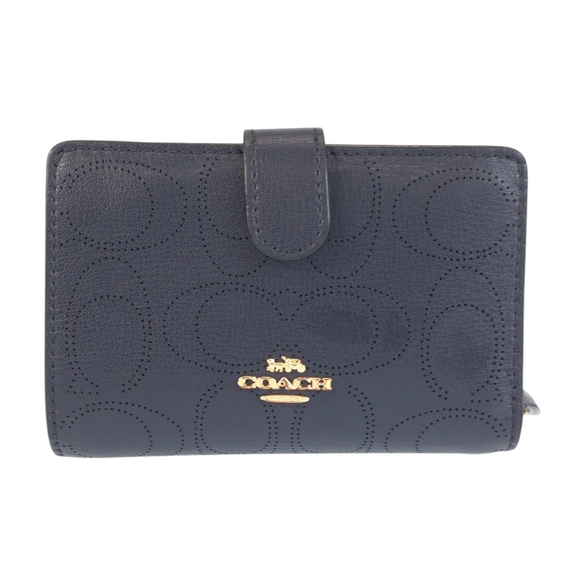 美品 COACH コーチ シグネチャー ネイビー ゴールド金具 レザー 折り財布 コンパクトウォレット 601975 【中古】