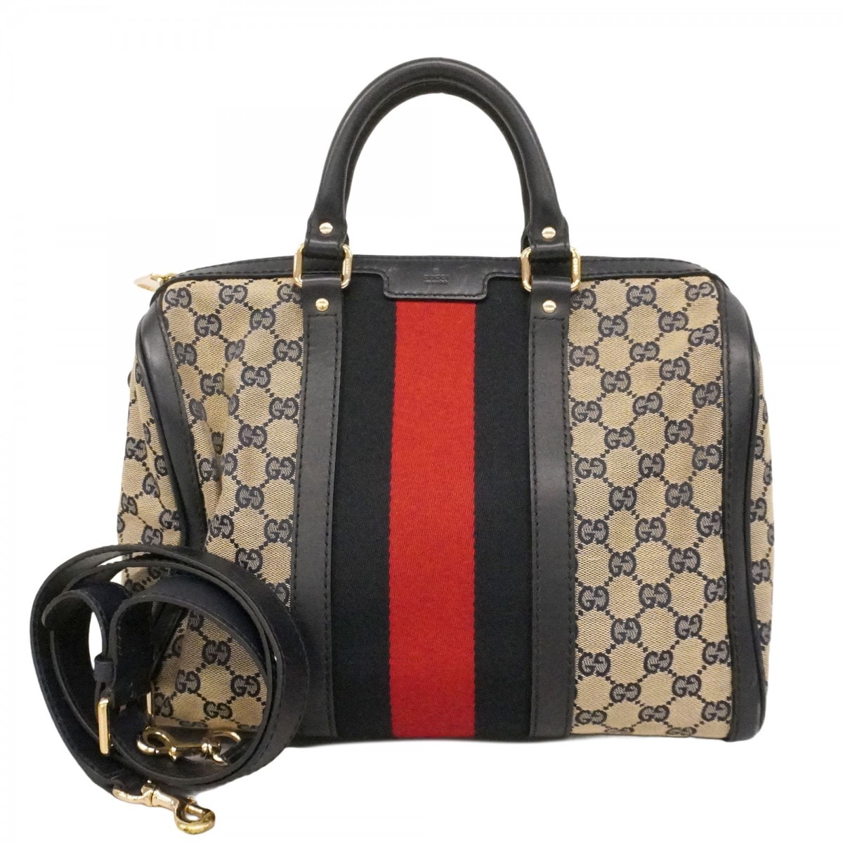 【6ce6071-k】グッチ ハンドバッグ GGキャンバス/シェリーライン 247205 キャンバス ネイビー シャンパンゴールド金具 2wayバッグ【中古】レディース