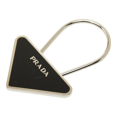 プラダ 三角ロゴプレート キーリング ブラック シルバー メタル レディース PRADA 中古