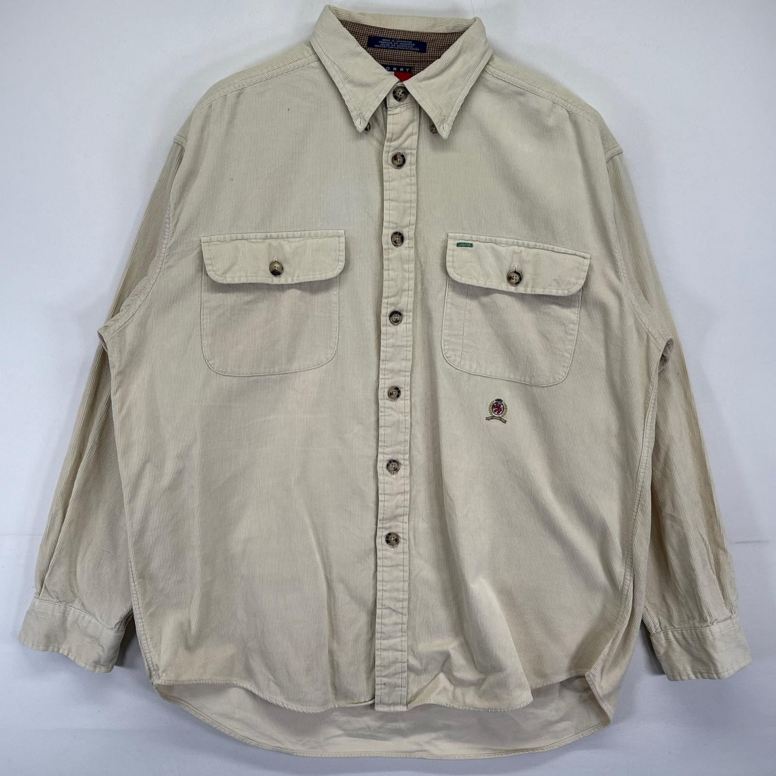 古着 90's/90年代 トミーヒルフィガー TOMMY HILFIGER 長袖シャツ コーデュロイ ワンポイントロゴ ポケット L ホワイト系 メンズ