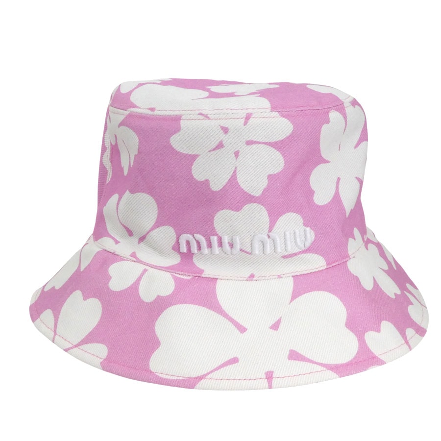 ミュウミュウ MIUMIU ハット バケツハット コットン ピンク/ホワイト レディース【中古】 h32538k