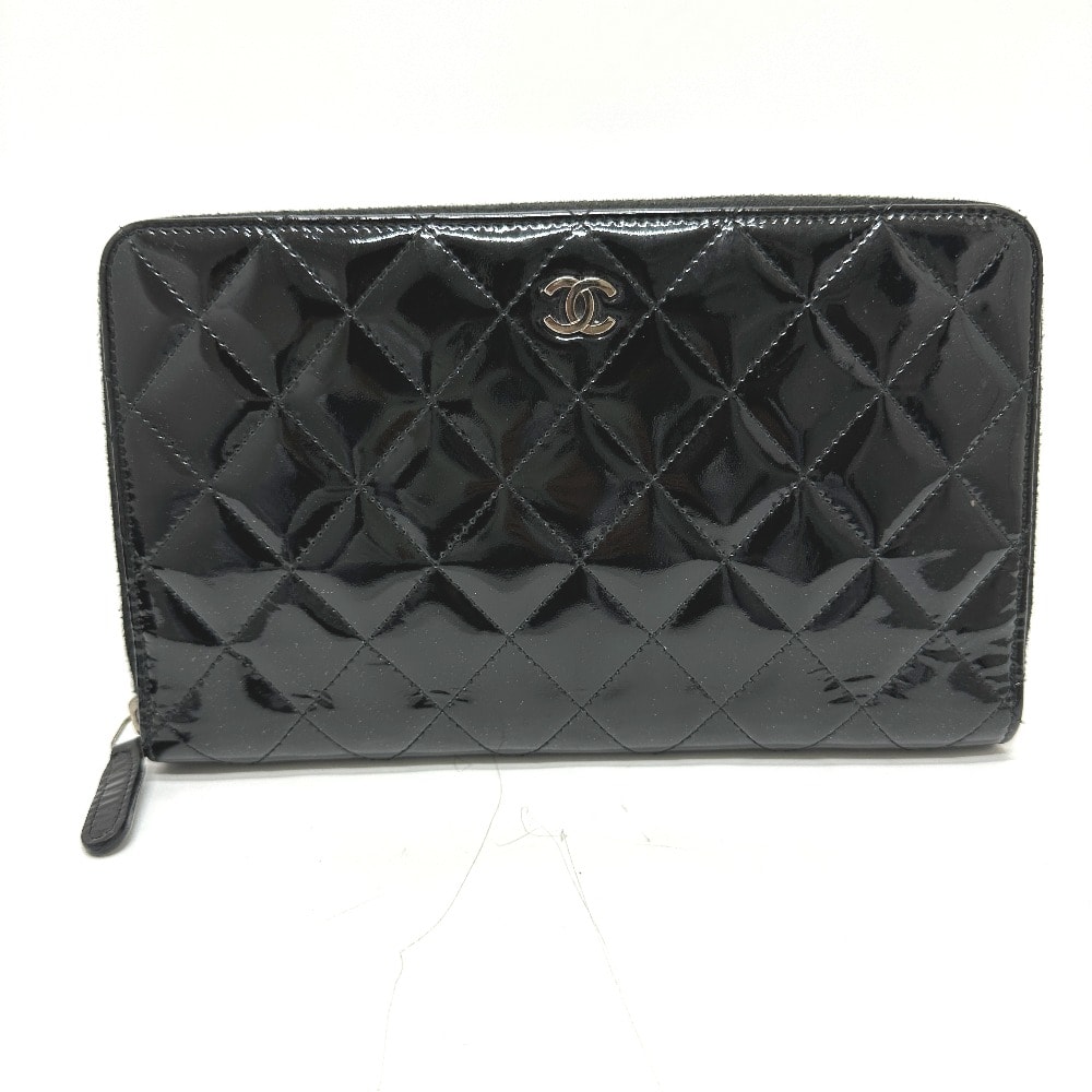 シャネル CHANEL マトラッセ ラウンド 長財布 パテントカーフレザー ブラック