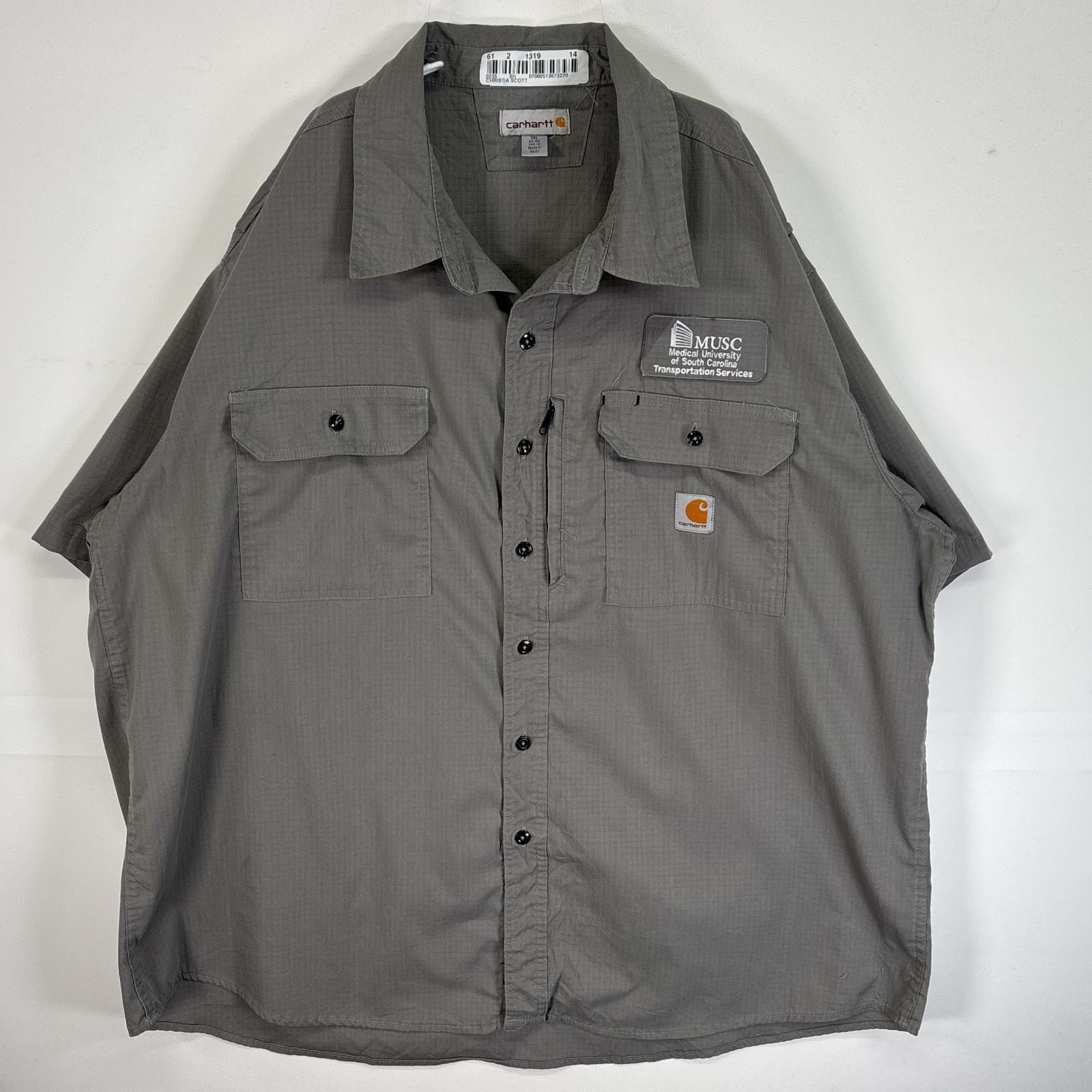 古着 カーハート Carhartt 半袖シャツ ワーク 作業着 リップストップ 大きいサイズ ワンポイント ロゴ 3XL グレー 無地 メンズ