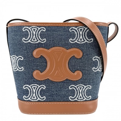 CELINE セリーヌ ショルダーバッグ トリオンフ ミニバケット キュイル 斜め掛け デニム カーフレザー インディゴ ブラウン 茶 ゴールド金具 レディース 美品【中古品】