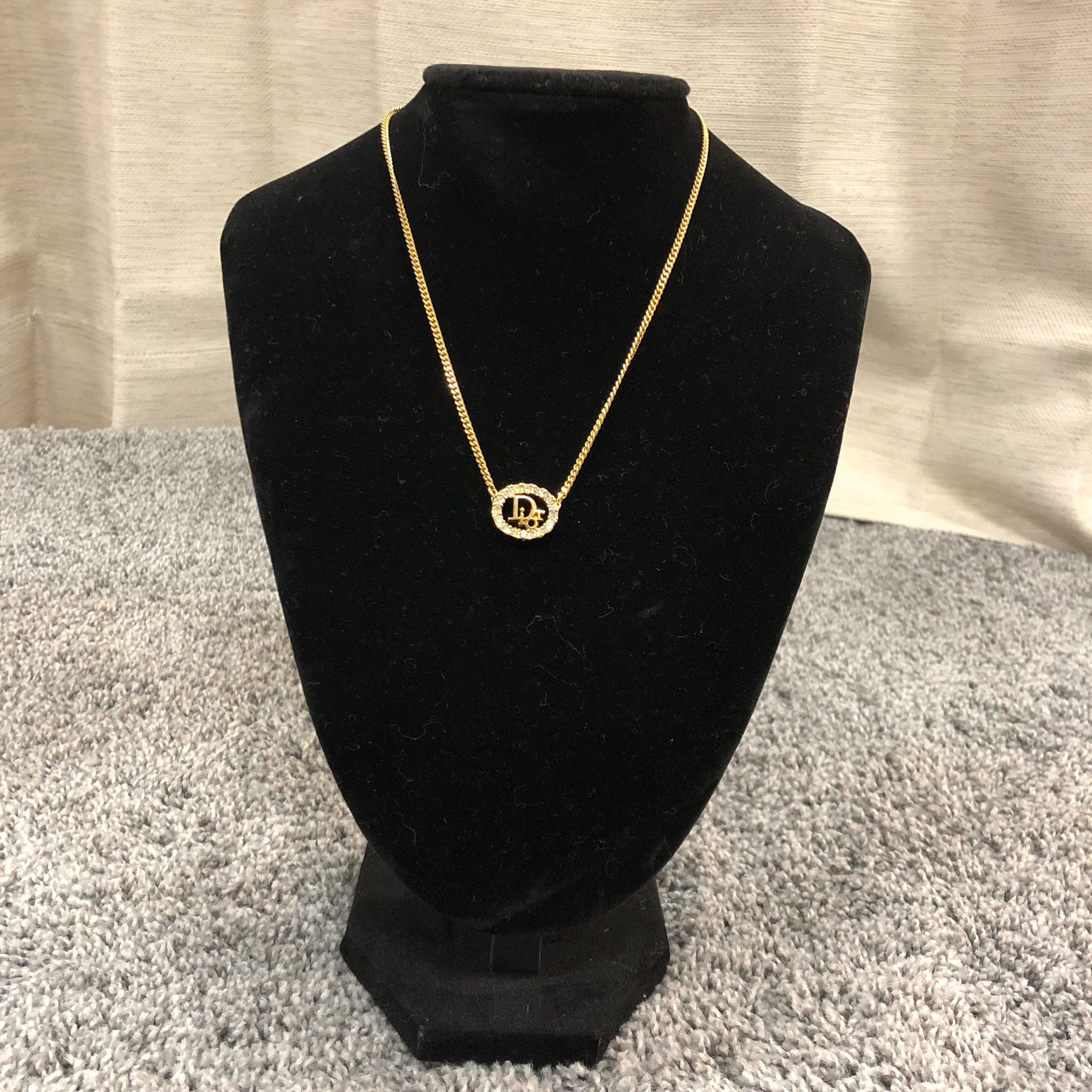 Dior Logo Rhinestone Oval Necklace "Gold"