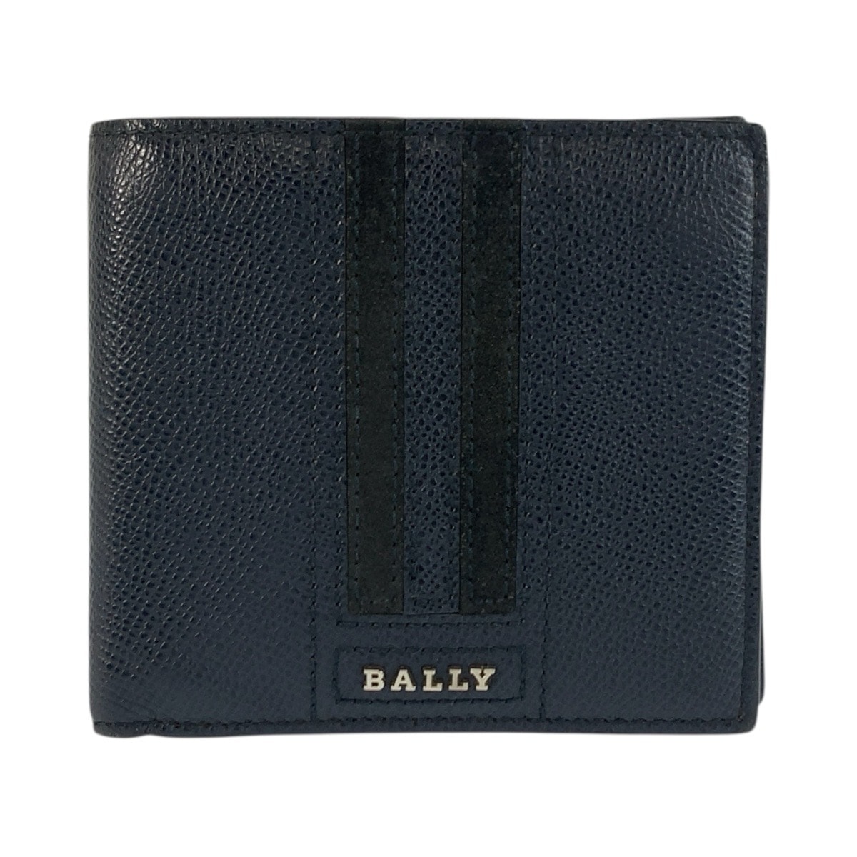 美品 BALLY バリー ネイビー シルバー金具 レザー 折り財布 コンパクトウォレット 604046 【中古】